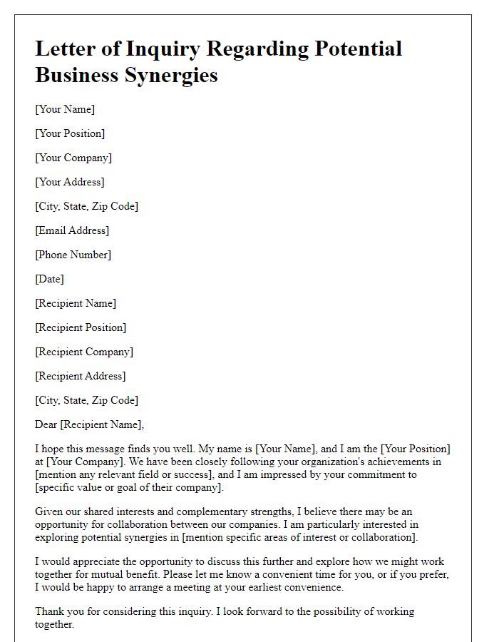 Letter template of inquiry regarding potential business synergies.