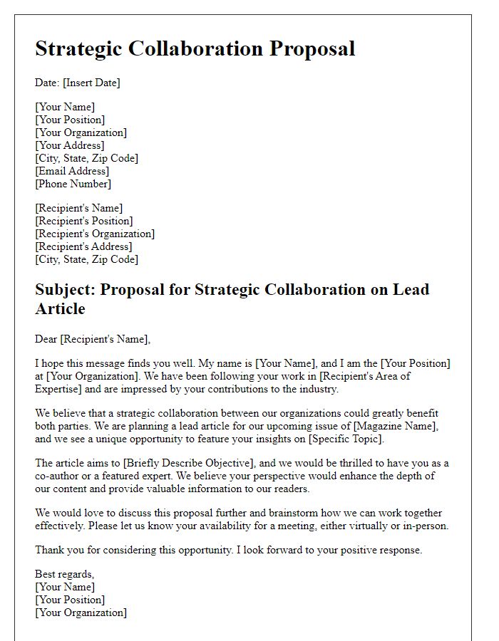 Letter template of strategic collaboration for magazine lead article.