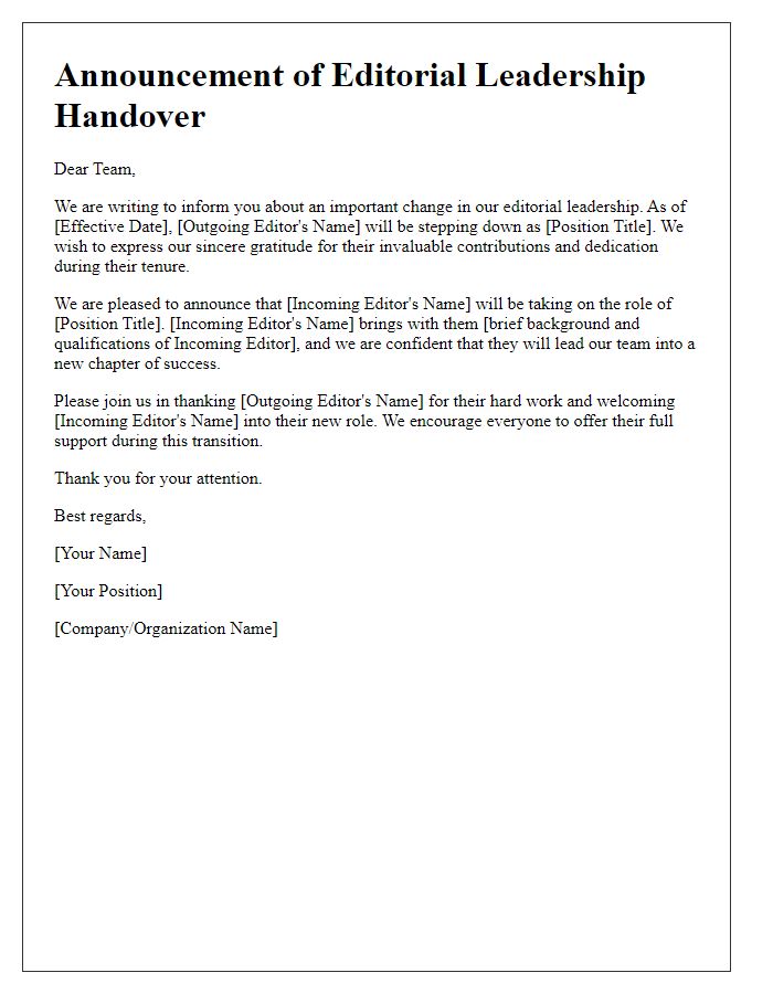 Letter template of announcement for editorial leadership handover.