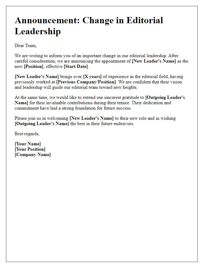 Letter template of change in editorial leadership roles.