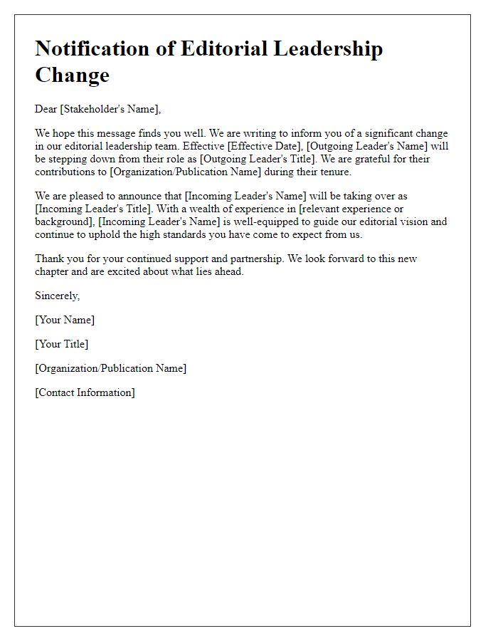 Letter template of editorial leadership change notification to stakeholders.