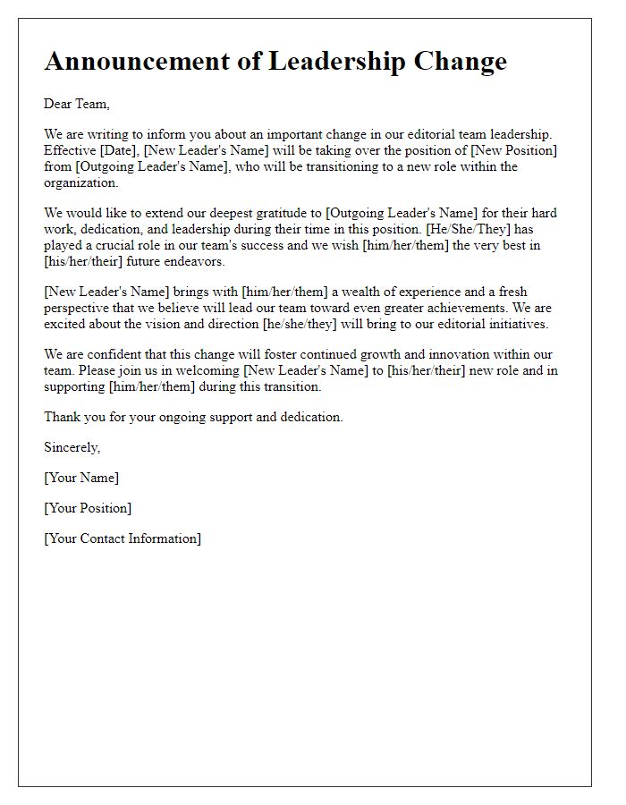 Letter template of editorial team leadership change announcement.