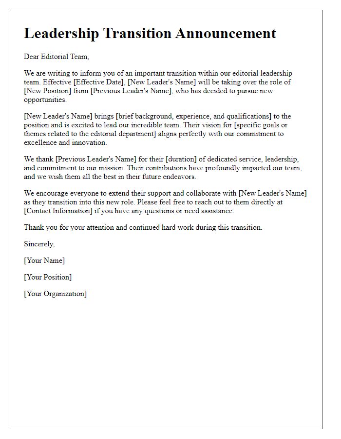 Letter template of leadership transition announcement for editorial team.