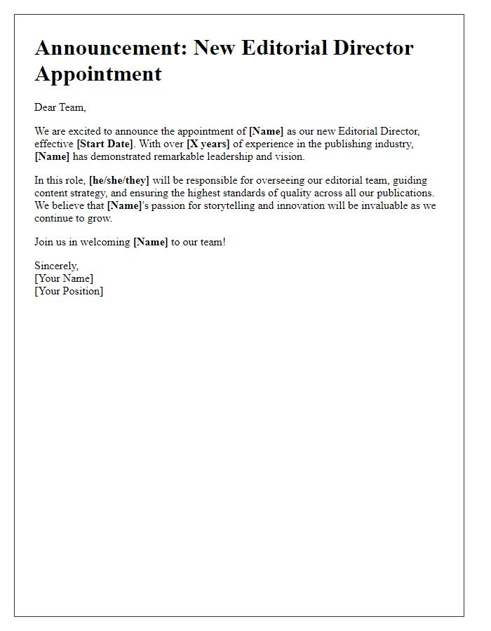 Letter template of new editorial director appointment announcement.