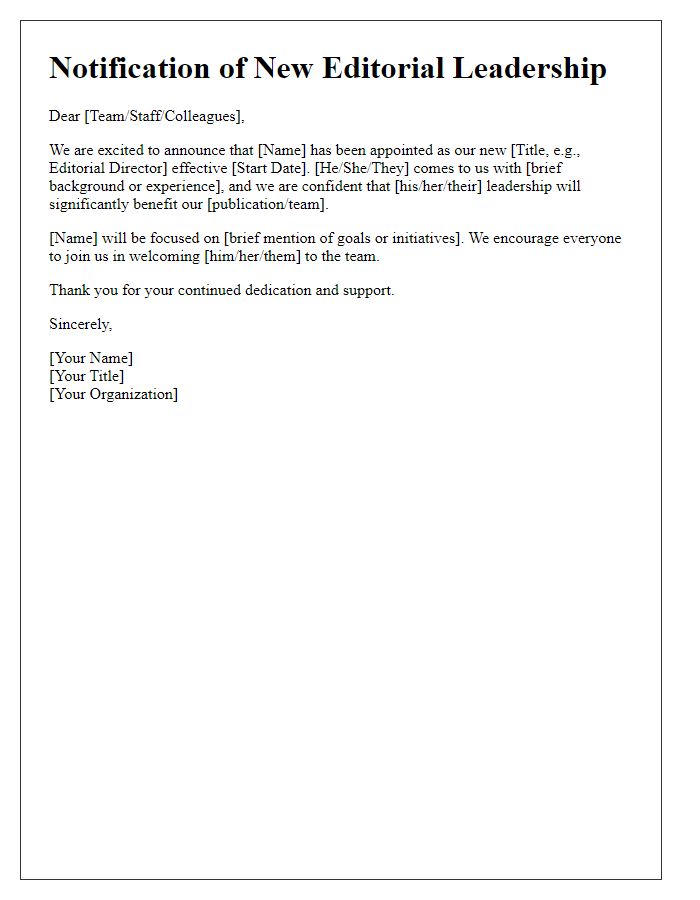 Letter template of notification regarding new editorial leadership.