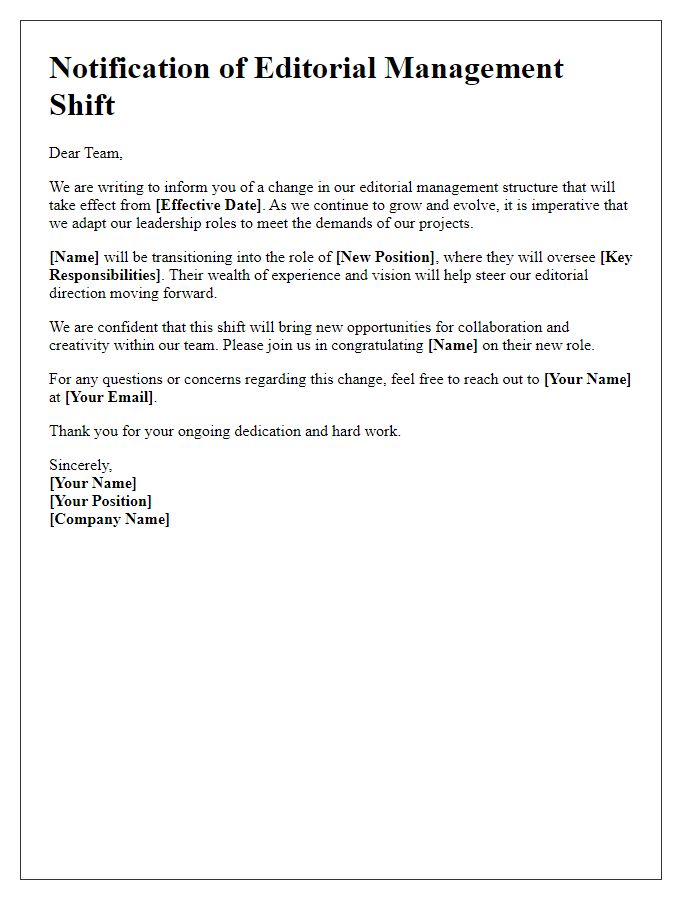 Letter template of shift in editorial management communication.