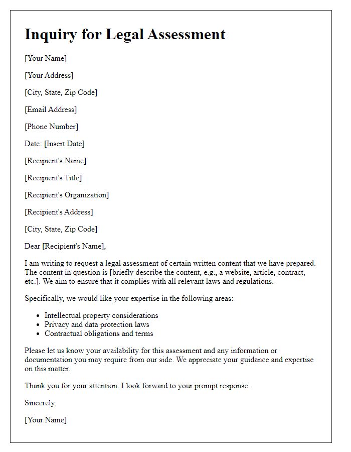 Letter template of inquiry for legal assessment of written content.