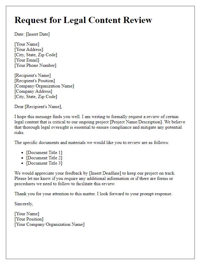 Letter template of request for legal content review.