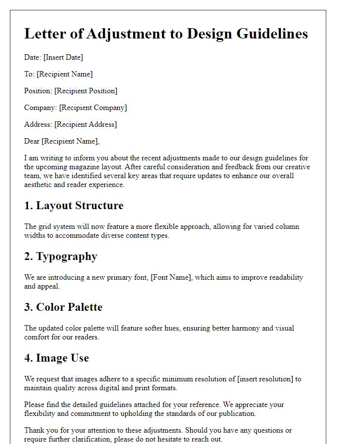 Letter template of adjustments to design guidelines for magazine layout.