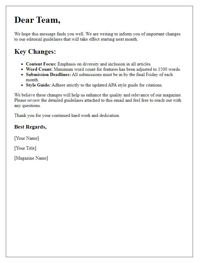 Letter template of changes in editorial guidelines for magazine.