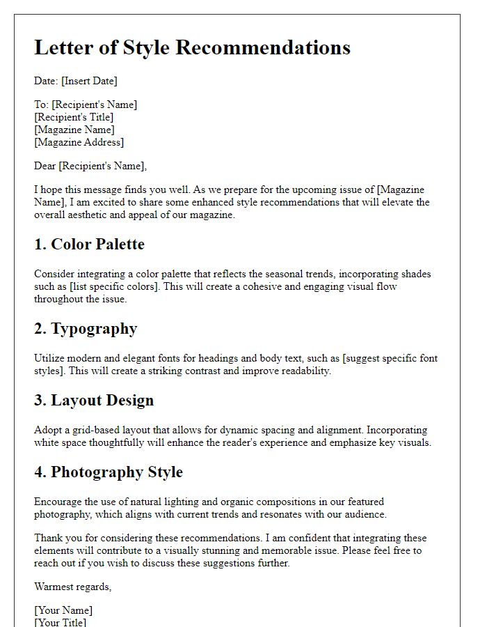 Letter template of enhanced style recommendations for magazine issues.