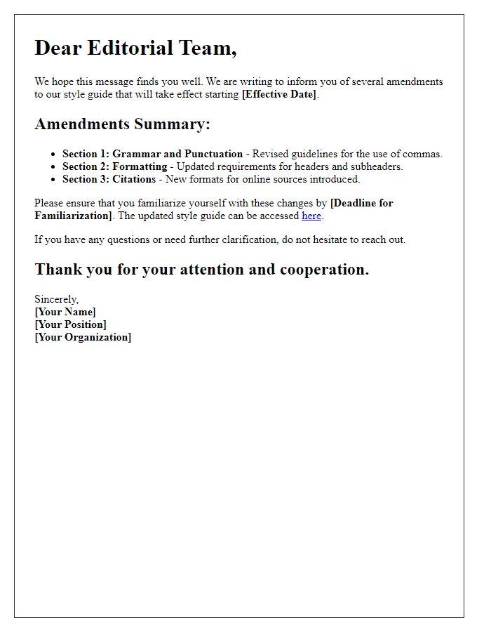 Letter template of style guide amendment announcement for editors.