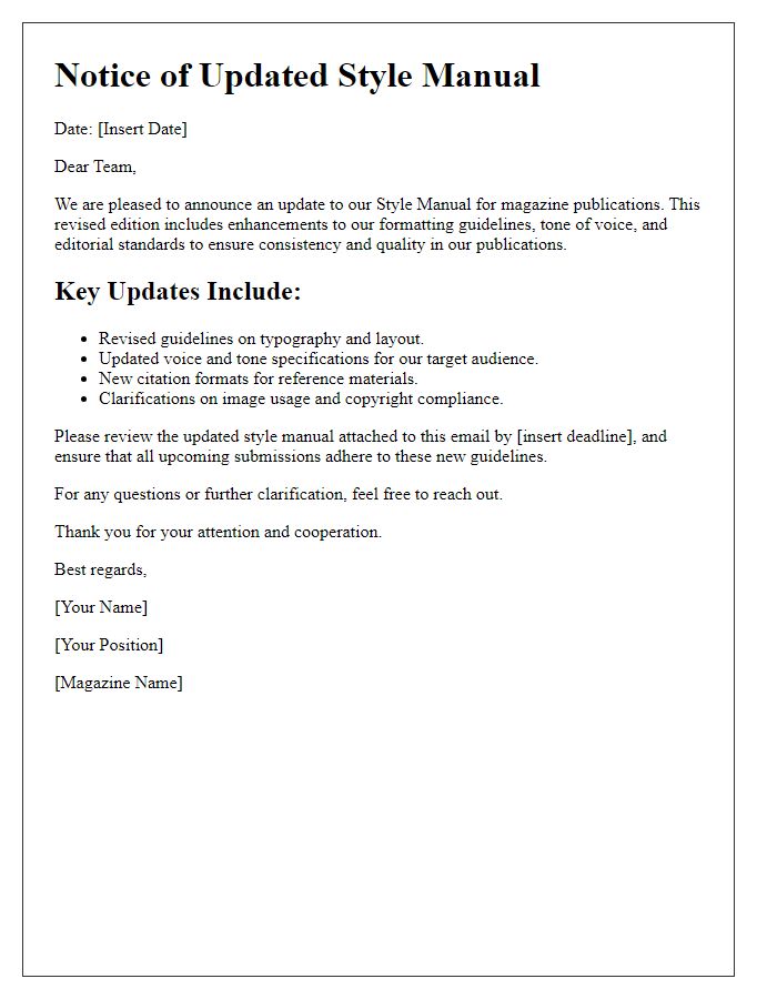 Letter template of updated style manual for magazine publications.