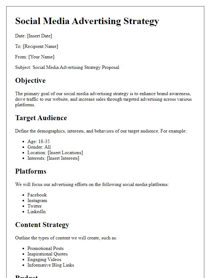 Letter template of a social media advertising strategy.