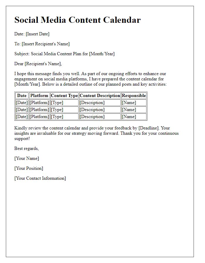 Letter template of a social media content calendar.