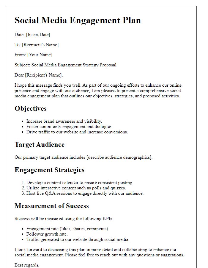 Letter template of a social media engagement plan.