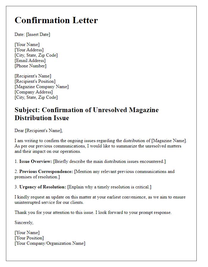 Letter template of confirmation for unresolved magazine distribution.