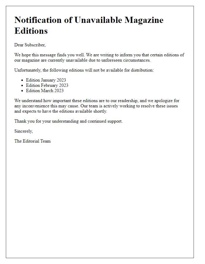 Letter template of notification concerning unavailable magazine editions.