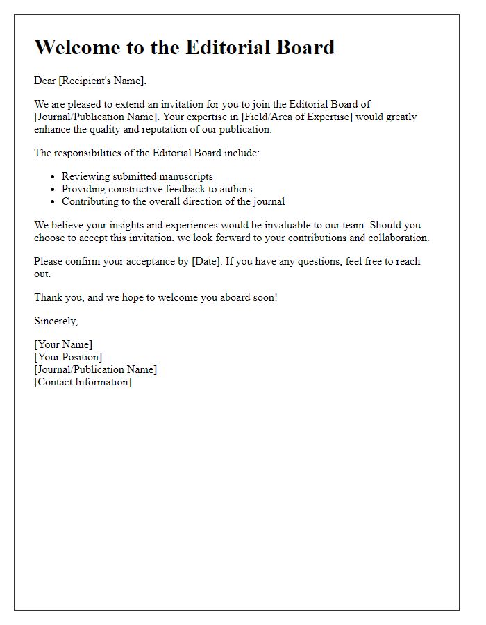 Letter template of Welcome to the Editorial Board Invitation.