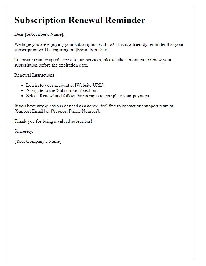 Letter template of reminder for subscription renewal processing