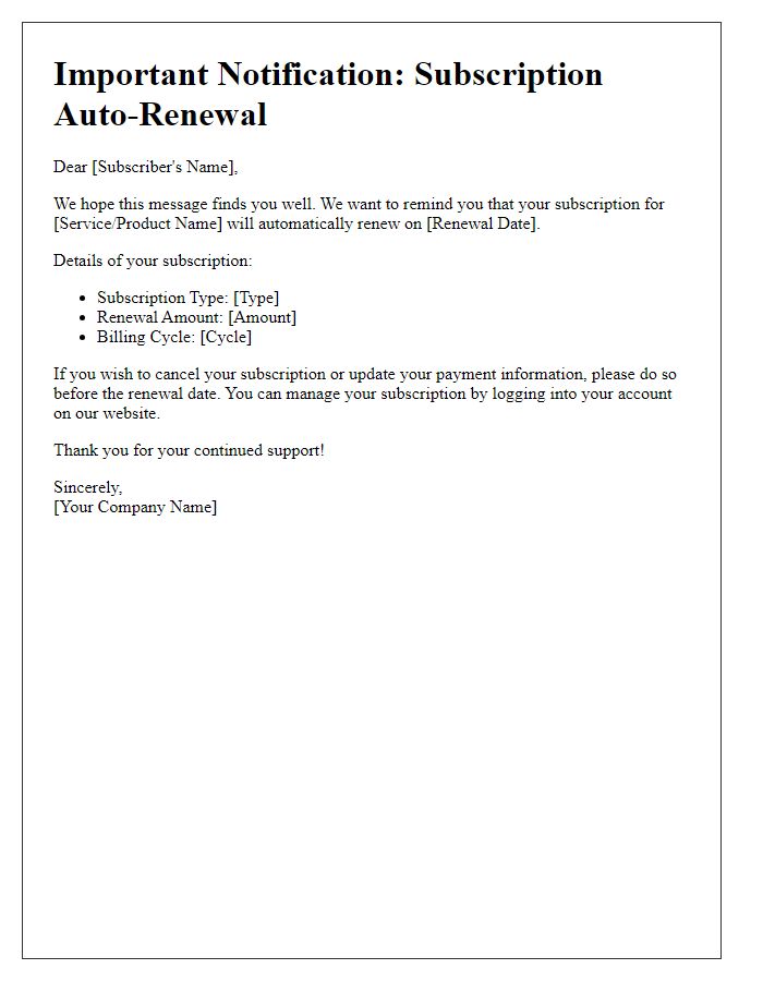 Letter template of subscription auto-renewal notification