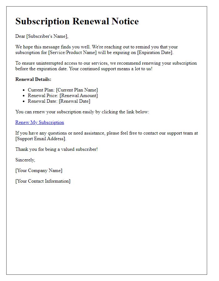 Letter template of subscription renewal notice