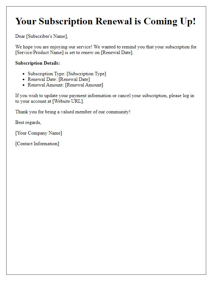 Letter template of upcoming subscription renewal alert