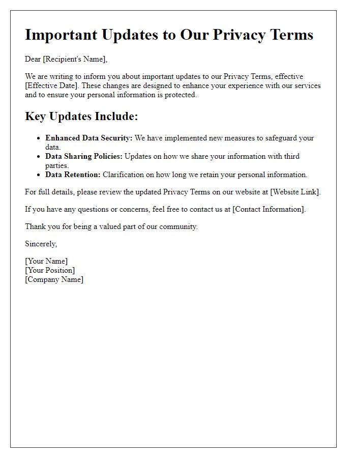 Letter template of important updates to our privacy terms.
