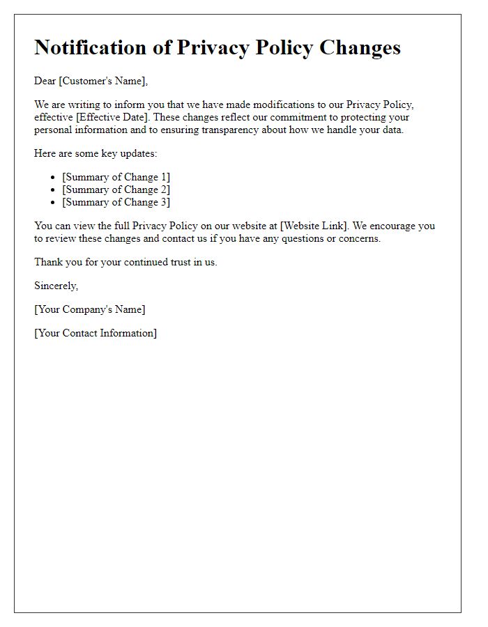 Letter template of notification about our privacy policy modifications.