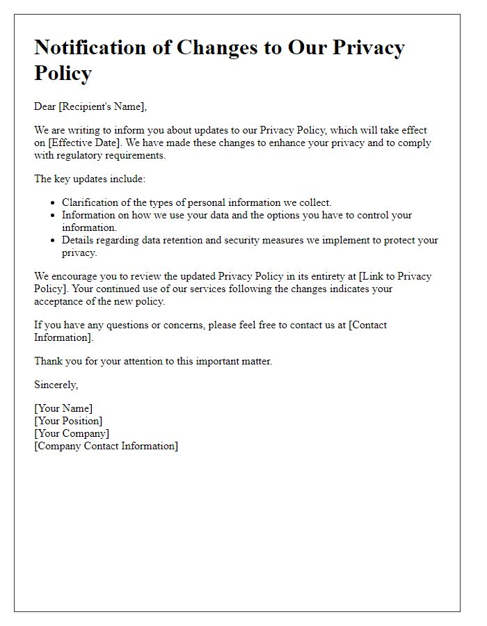 Letter template of notification regarding changes in privacy policy.