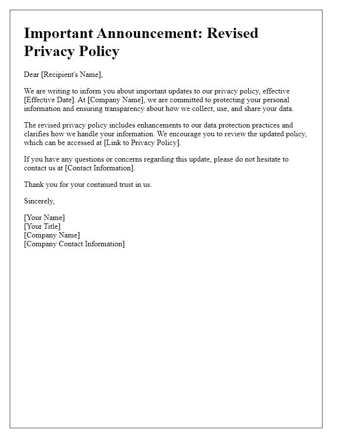 Letter template of revised privacy policy announcement.