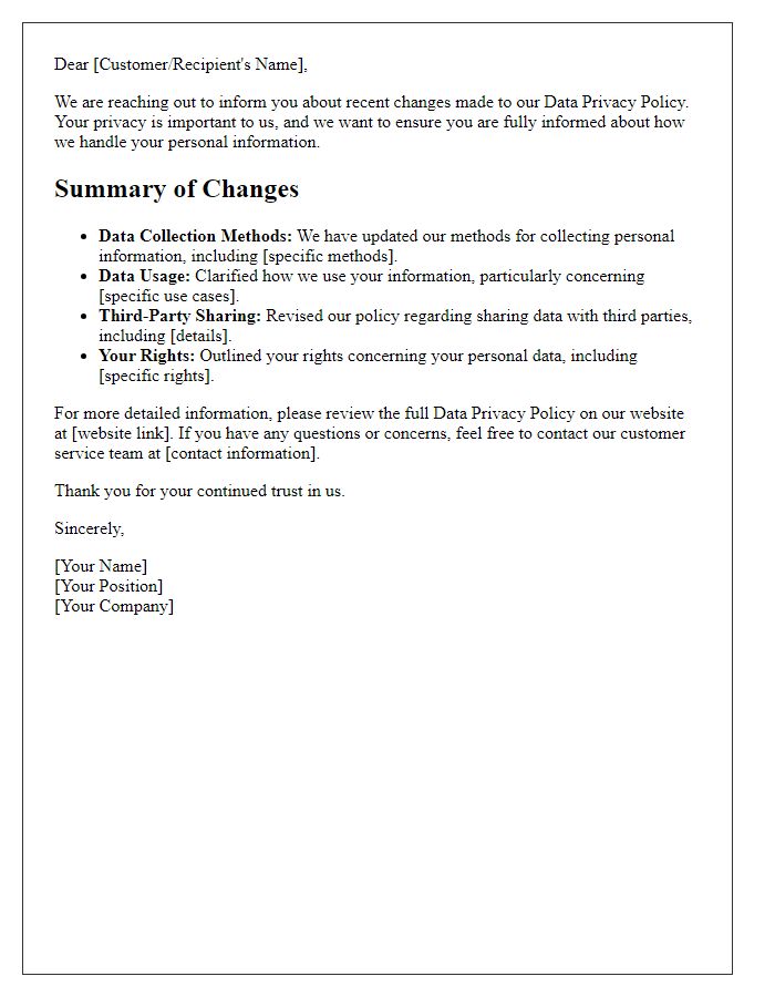 Letter template of summary of changes in data privacy policy.