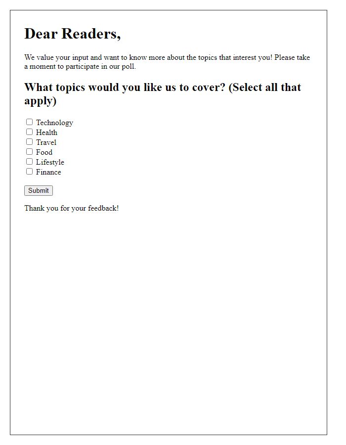 Letter template of poll for reader topics of interest.