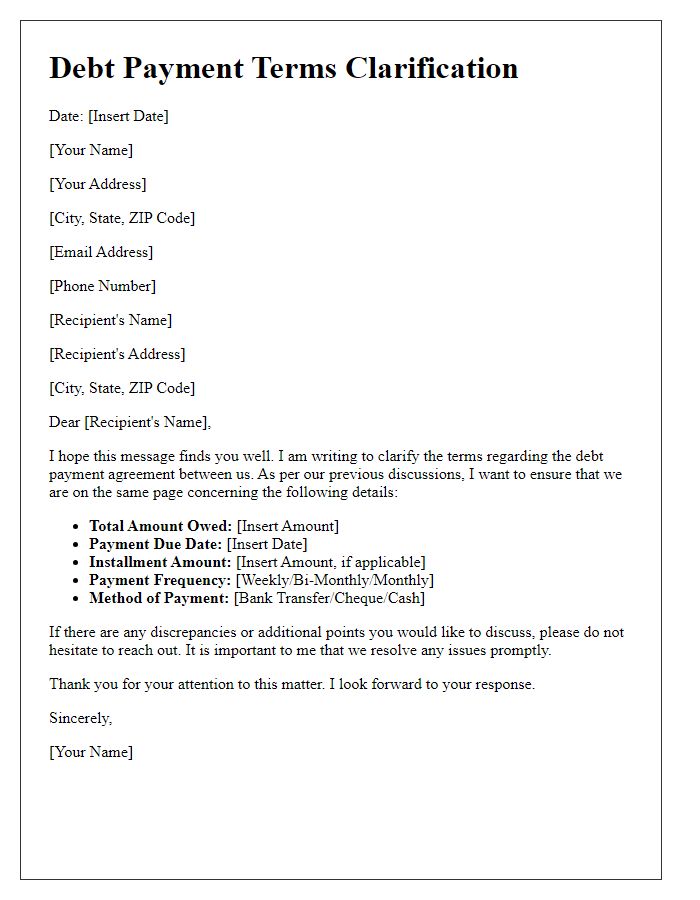 Letter template of debt payment terms clarification