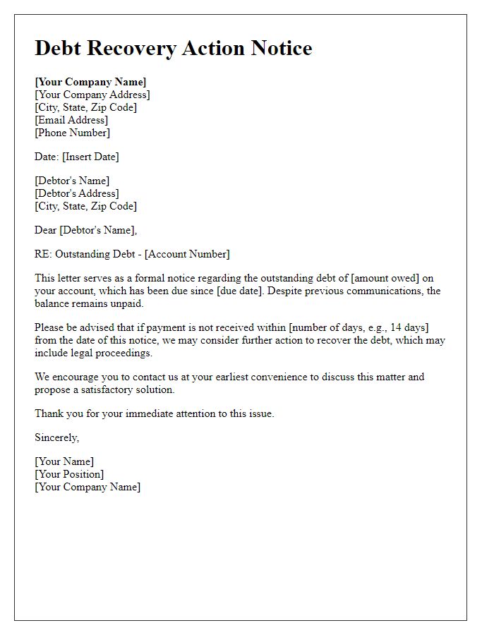 Letter template of debt recovery action notice