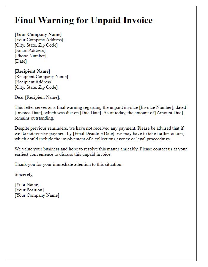 Letter template of final warning for unpaid invoice