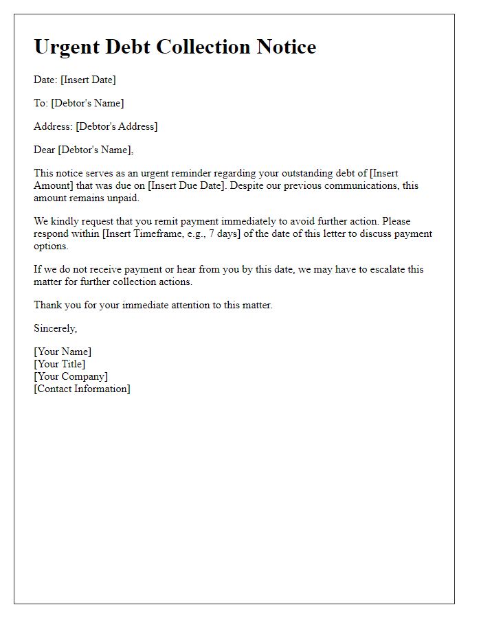 Letter template of urgent debt collection notice