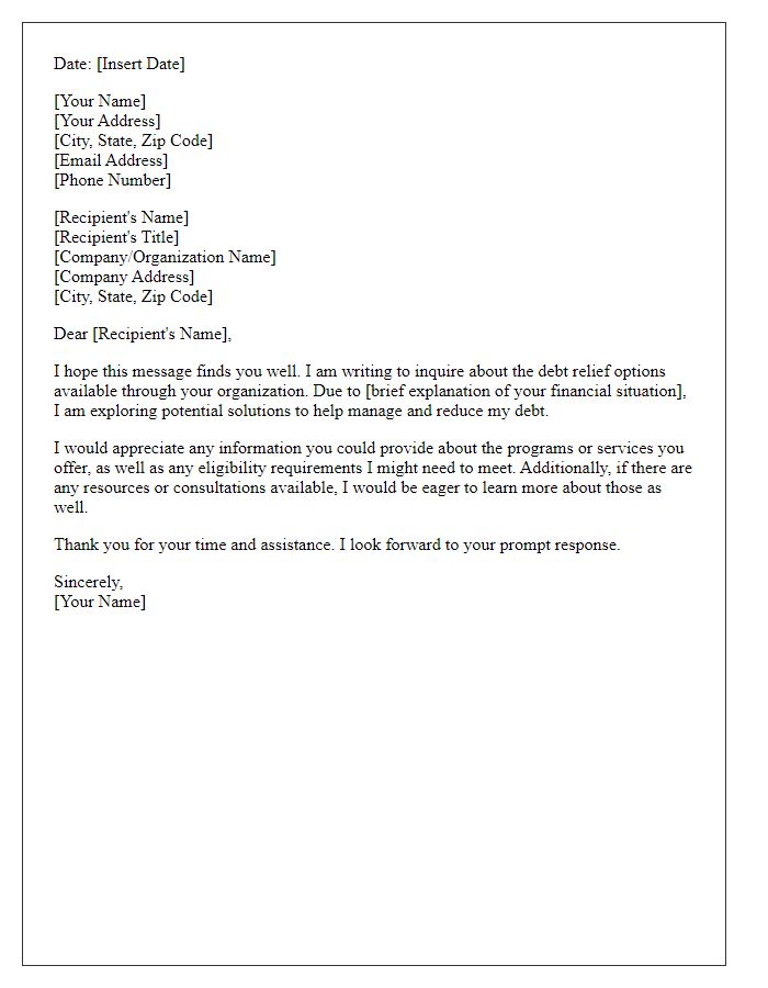 Letter template of inquiry about debt relief options