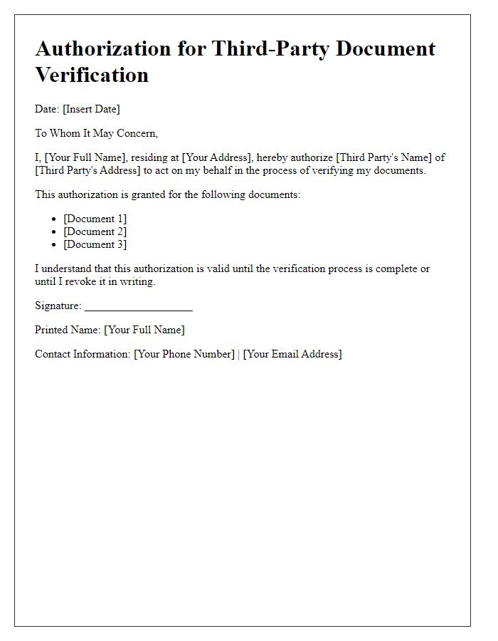 Letter template of authorization for third-party document verification