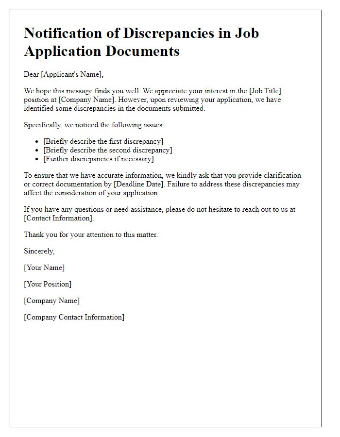 Letter template of notification for discrepancies in job application documents