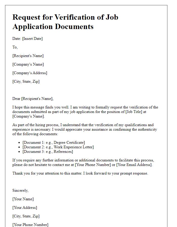 Letter template of request for job application document verification