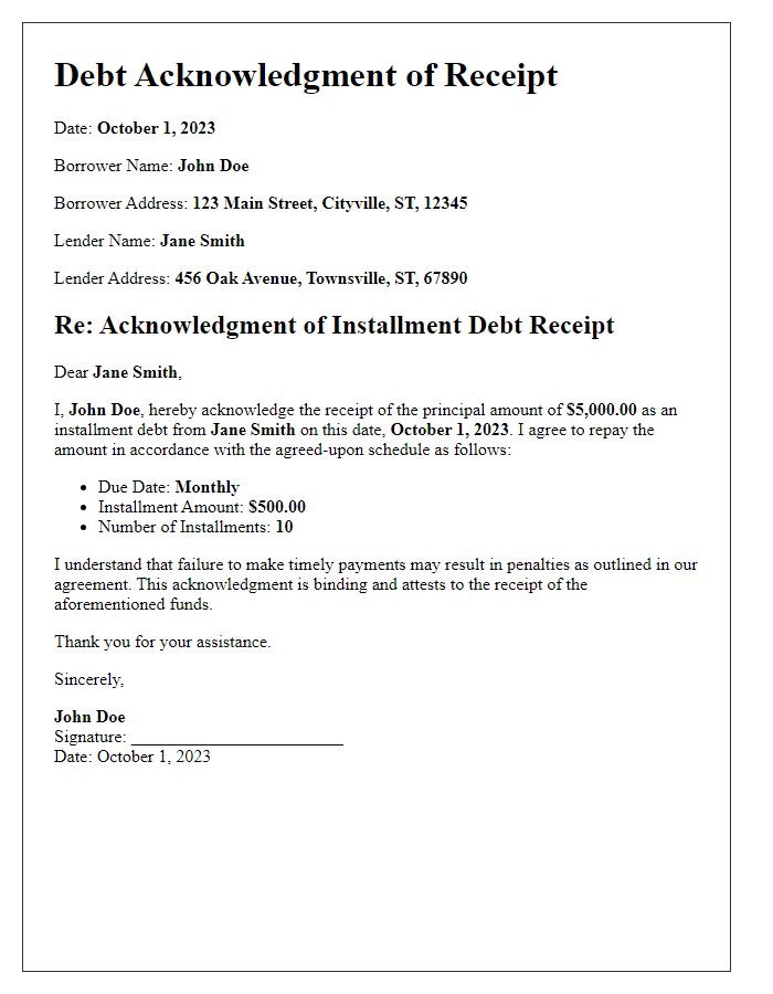 Letter template of installment debt acknowledgment of receipt