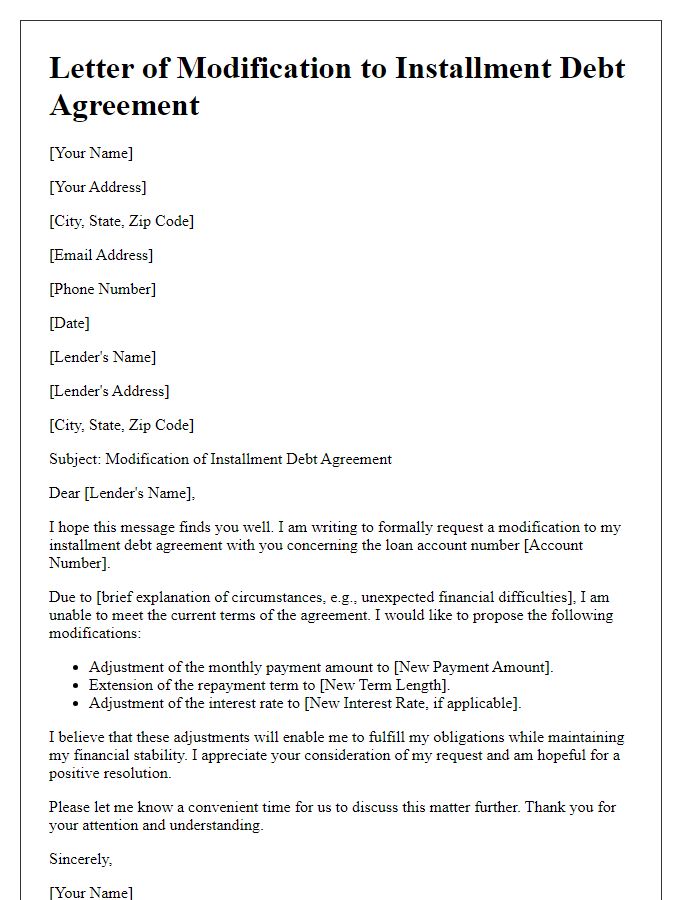 Letter template of installment debt agreement modification