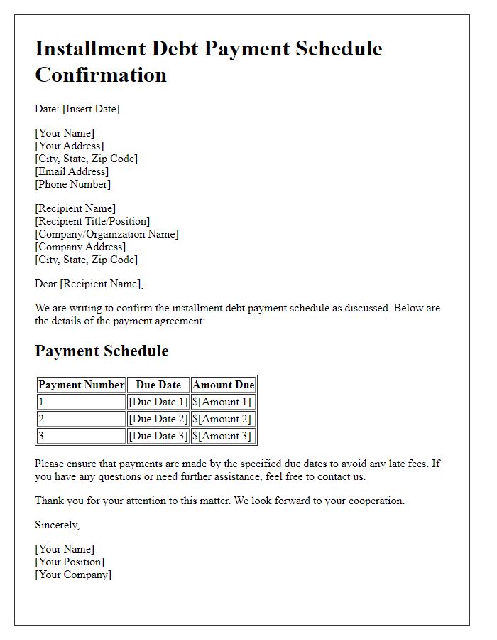 Letter template of installment debt payment schedule confirmation