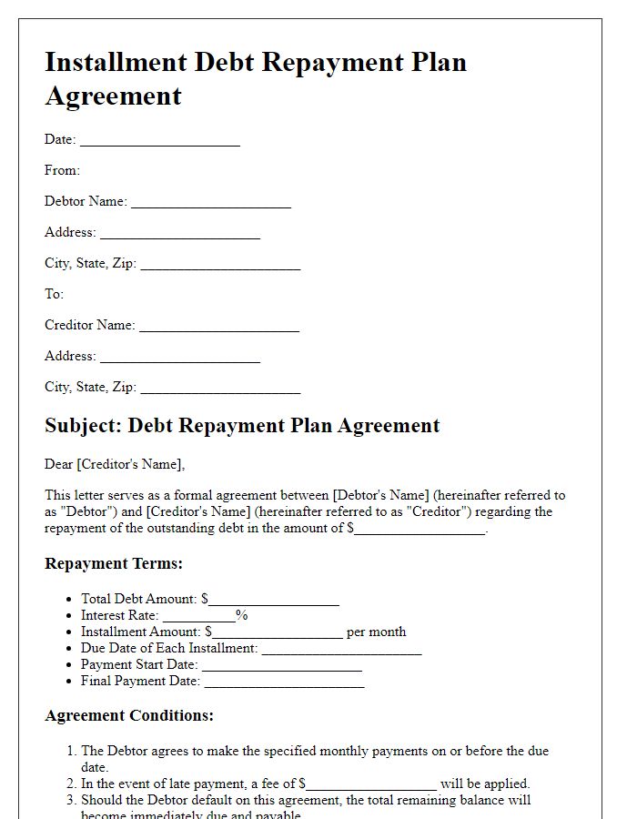 Letter template of installment debt repayment plan agreement