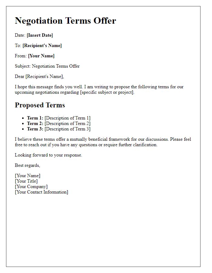 Letter template of negotiation terms offer