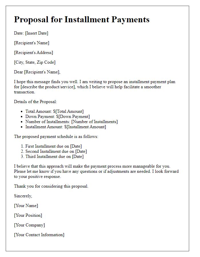 Letter template of proposal for installment payments