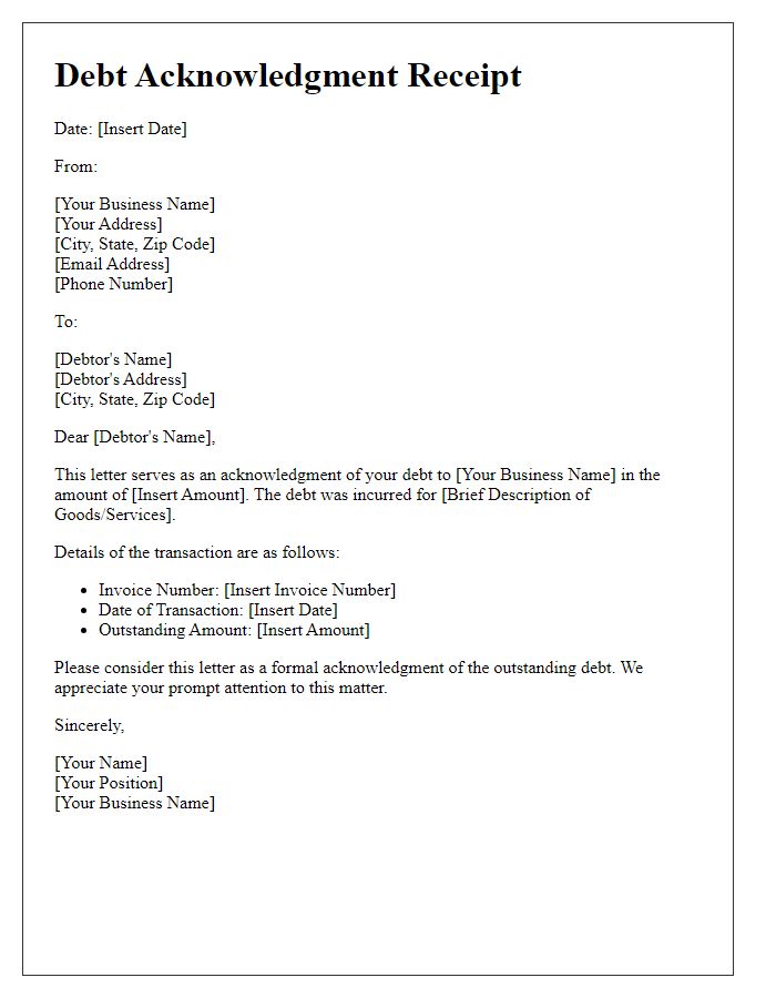 Letter template of debt acknowledgment receipt for business transactions.