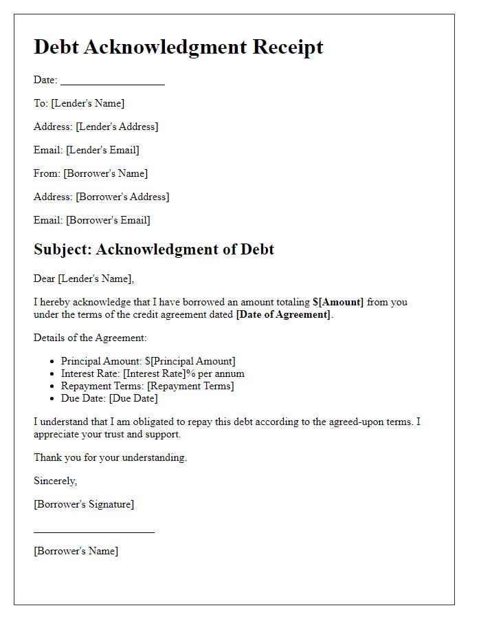 Letter template of debt acknowledgment receipt for credit agreements.