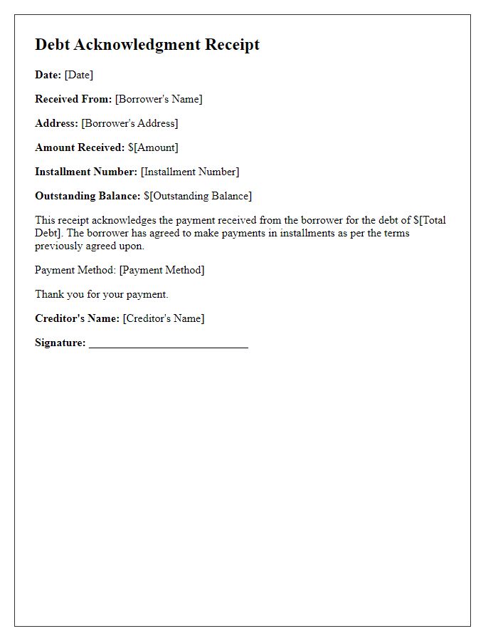 Letter template of debt acknowledgment receipt for installment payments.